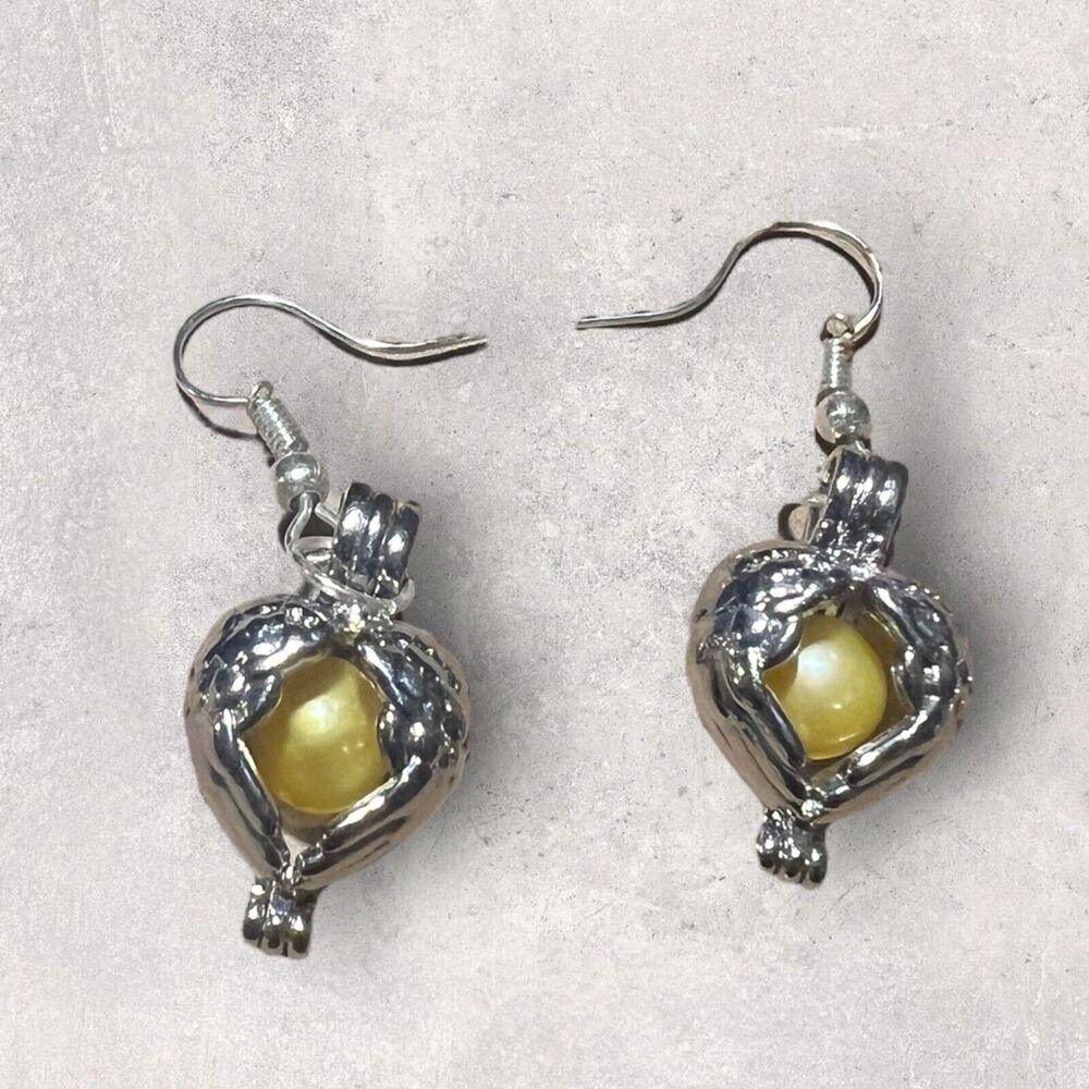 Silver Heart Shaped Cage Earrings and Pendant Necklace Set with Yellow Pearls - Picture 2 of 5